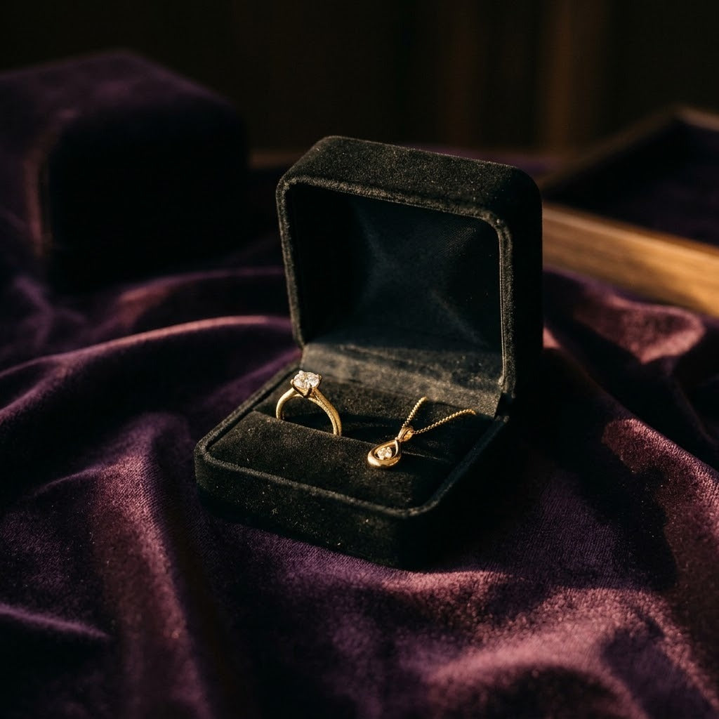 Écrin en velours noir entrouvert sur une bague en or et un pendentif