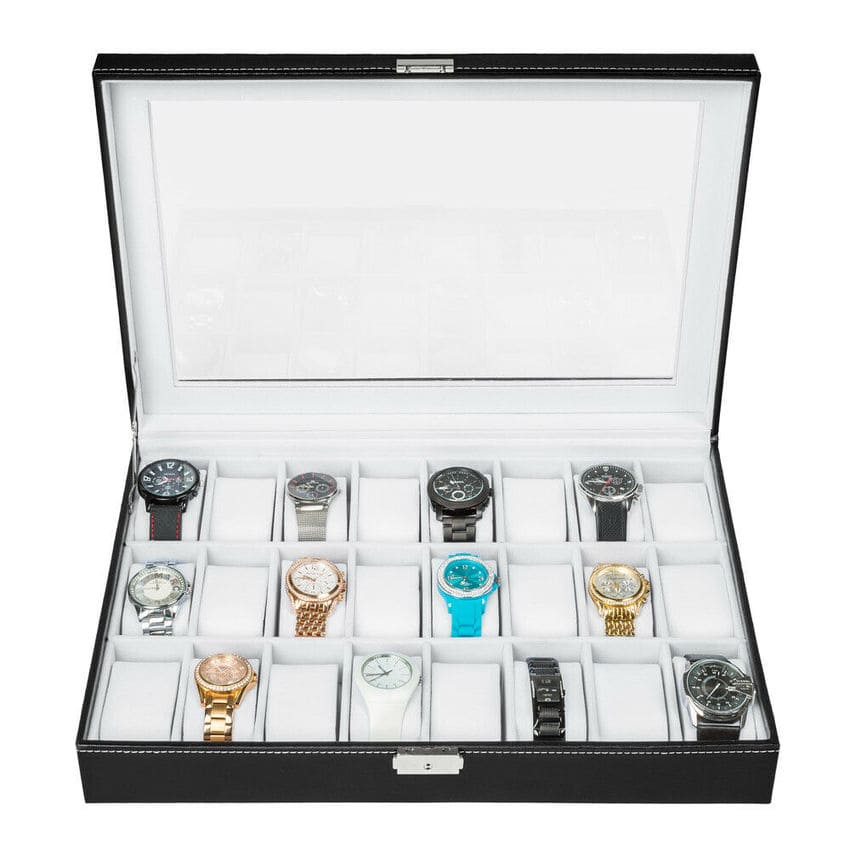 Boîte à montres 24 places – vue de face, ouverte avec une collection de montres