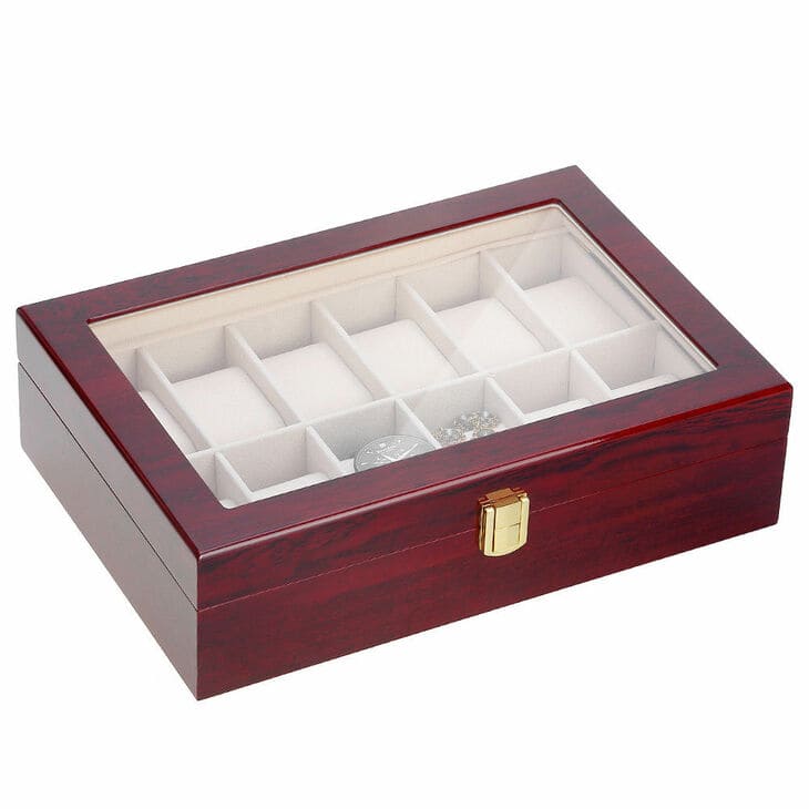 Boîte Montre Bois Rouge 12 Places Vitrée