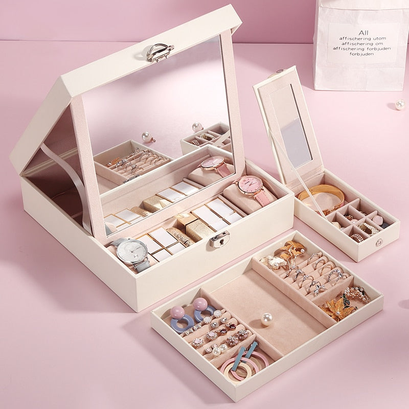 Boîte Bijoux Cuir Miroir 2 Niveaux Voyage