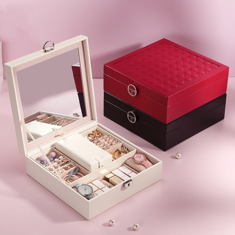 Boîte Bijoux Cuir Miroir 2 Niveaux Voyage