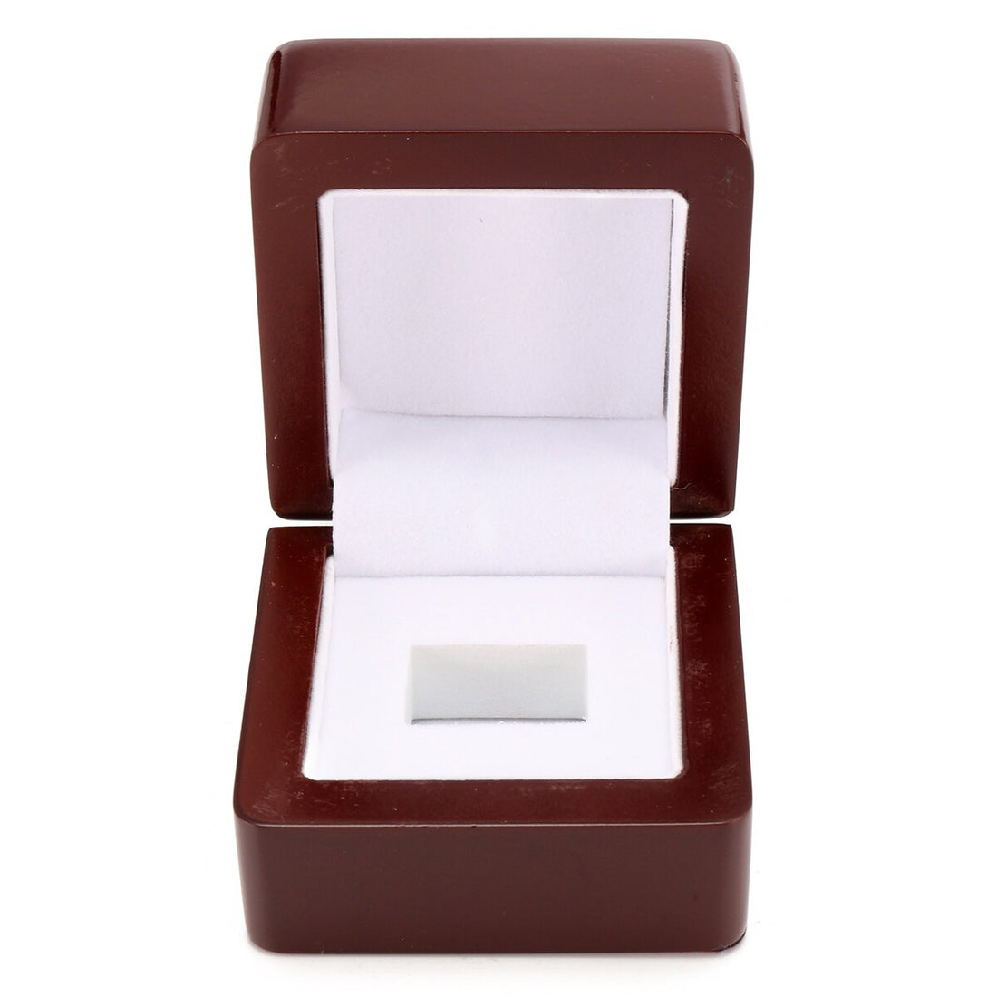 Écrin bague homme – couvercle ouvert, intérieur velours blanc