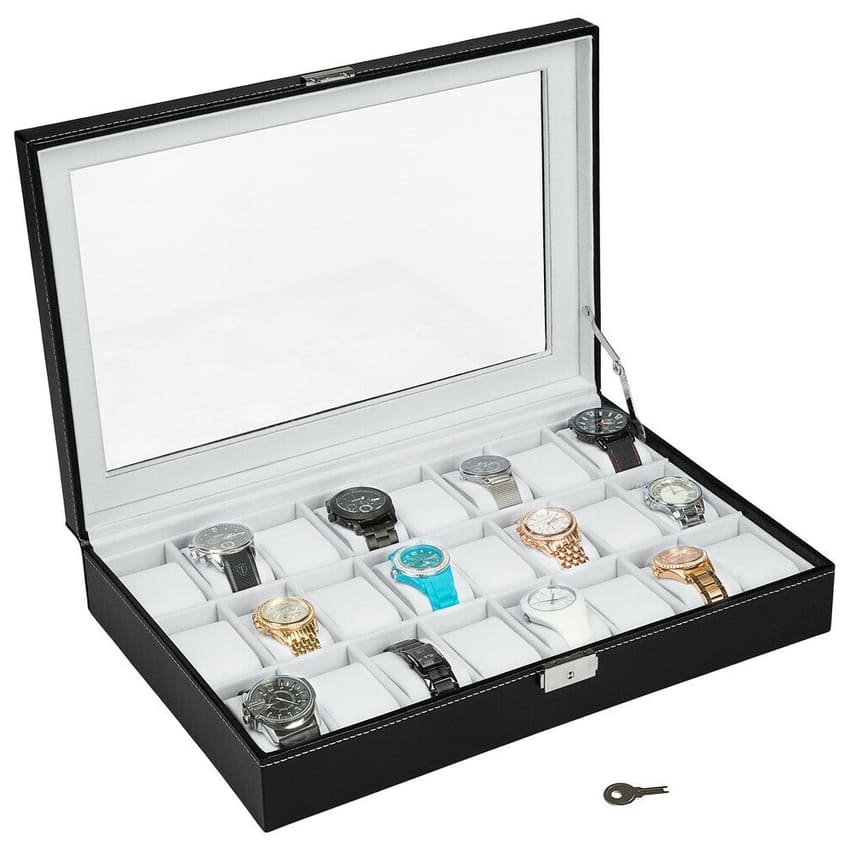 Boîte à montres 24 places – ouverte avec des montres et la clé