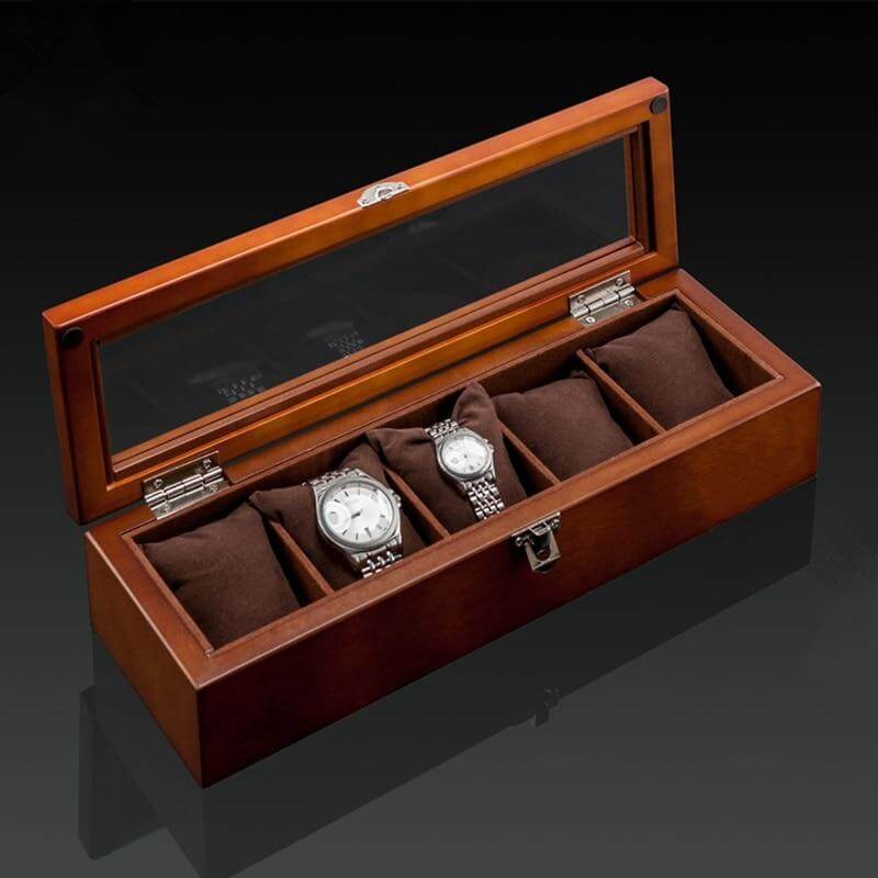 Boîte Montre Bois Marron 5 Slots Vitrée Serrure