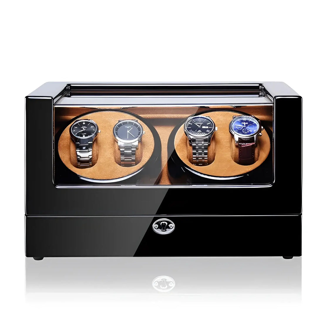 Remontoir 4 montres à clé – laqué noir intérieur camel, vue de face