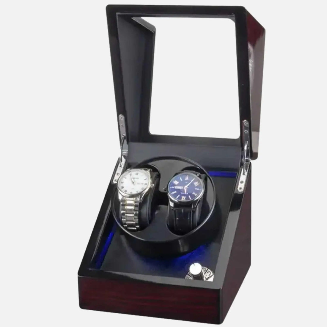 Remontoir 2 montres laqué – finition brun foncé, couvercle ouvert