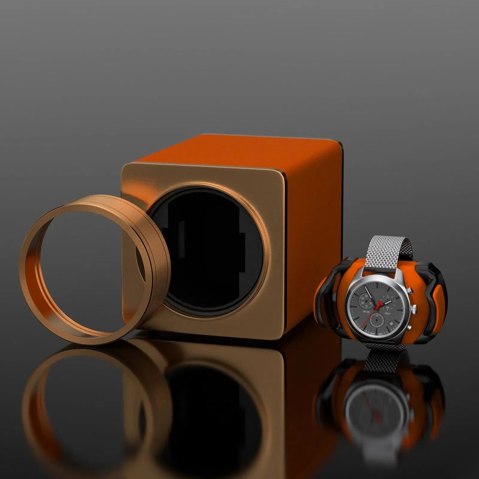 Remontoir Montre Métal Orange Cuir Solo