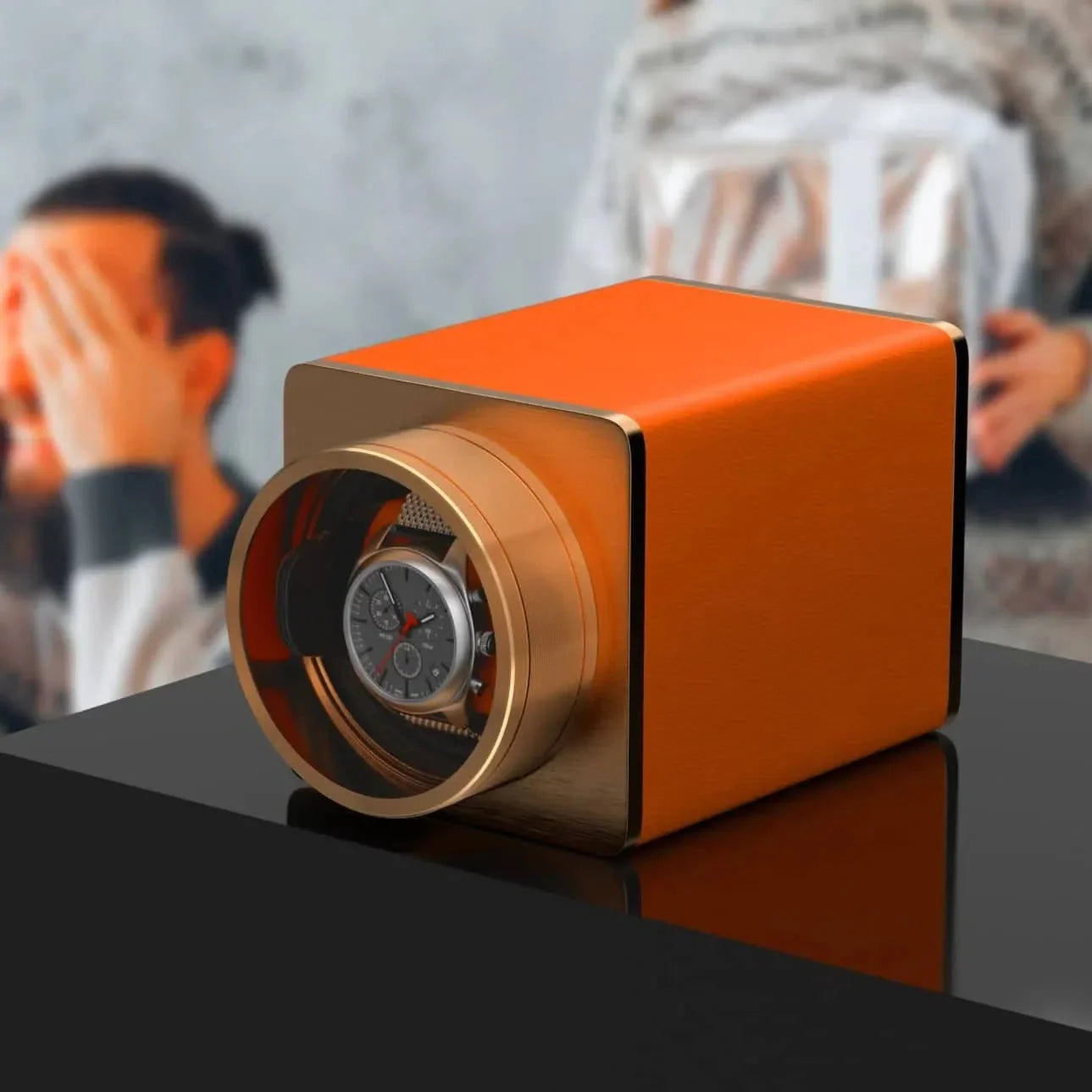 Remontoir Montre Métal Orange Cuir Solo