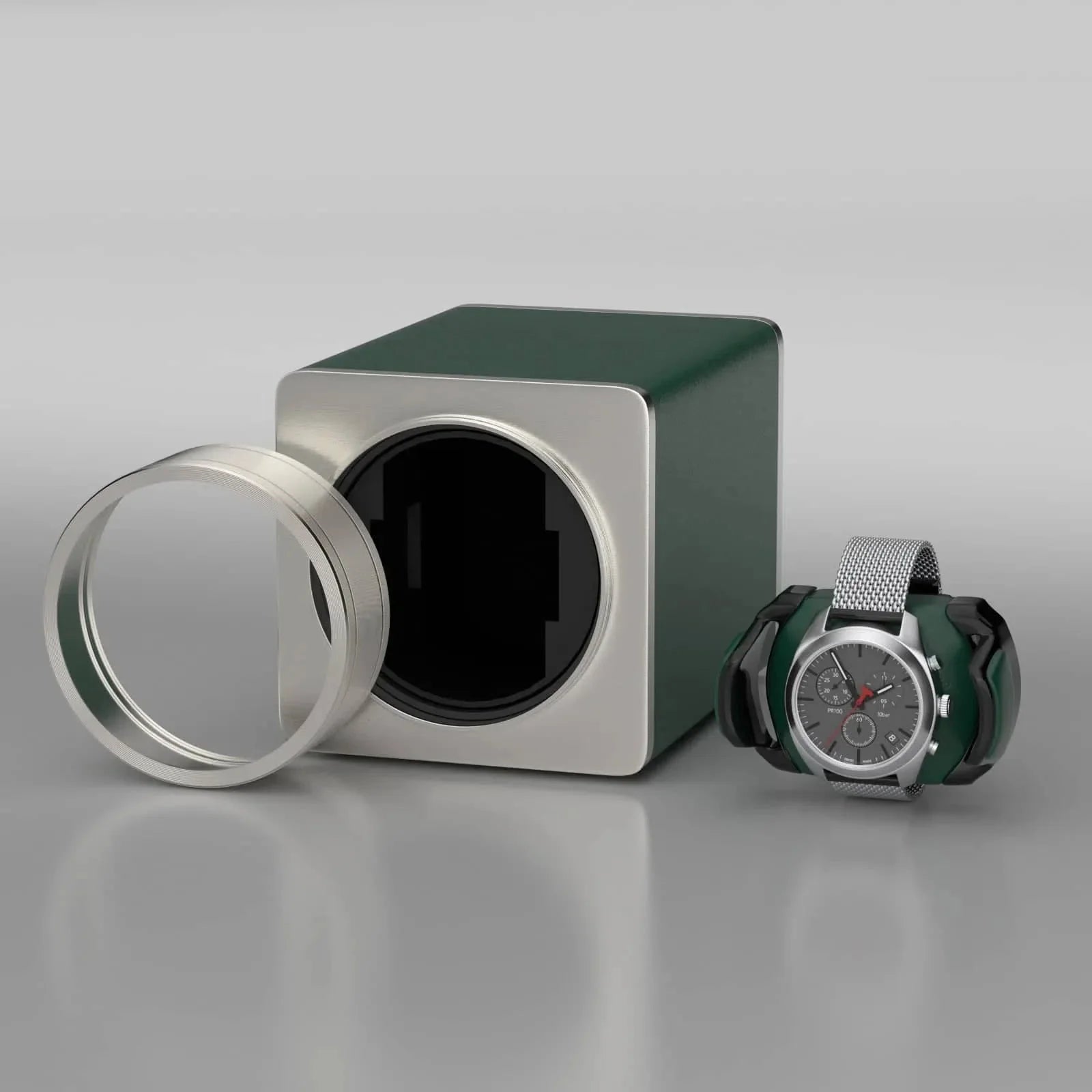 Remontoir Montre Métal Vert Cuir Solo