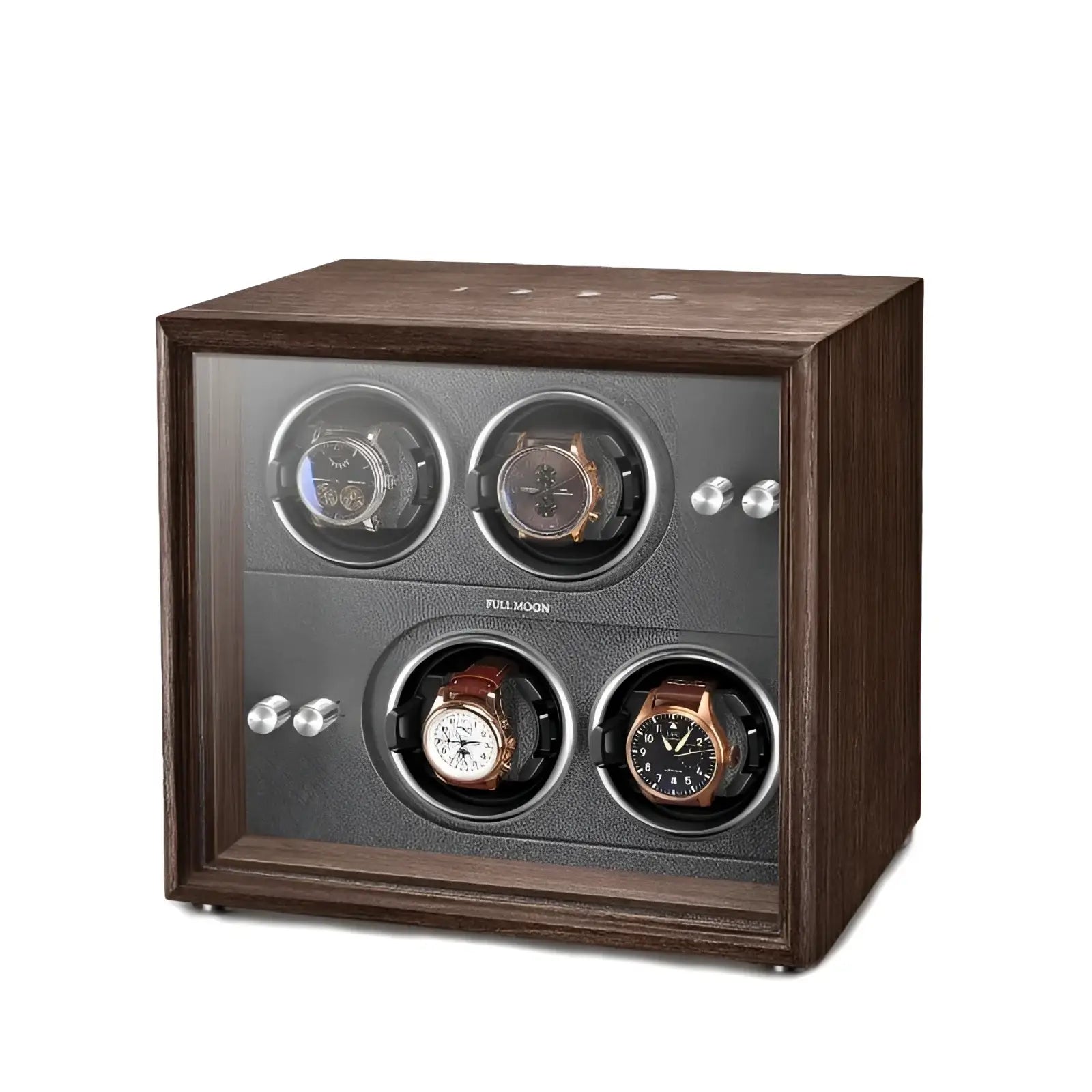 Remontoir Montre Quadruple Bois Chêne Cuir