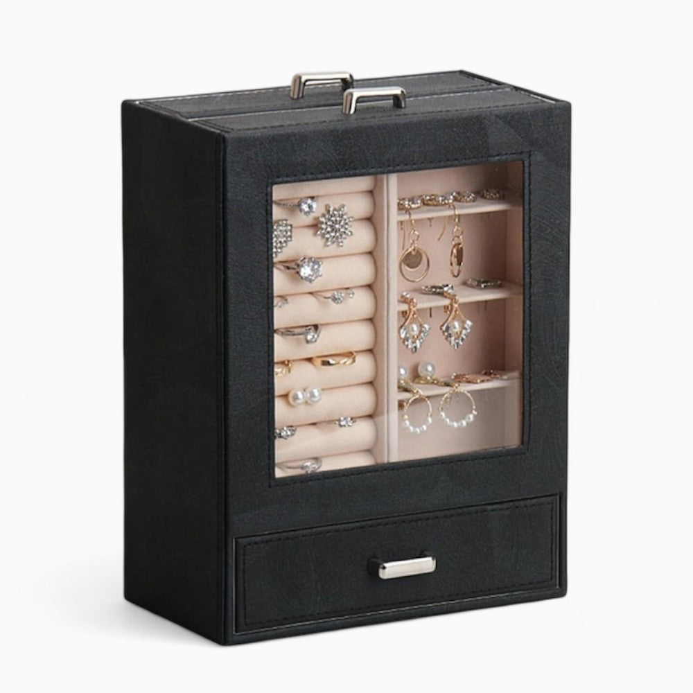 Boîte Bijoux Cuir Noir Verticale Miroir