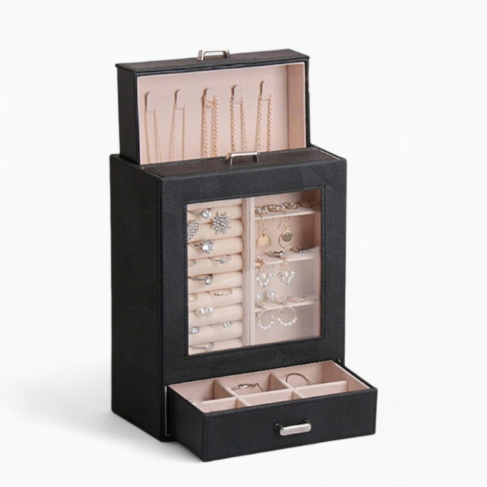 Boîte Bijoux Simili Cuir Verticale Vitrine Noir