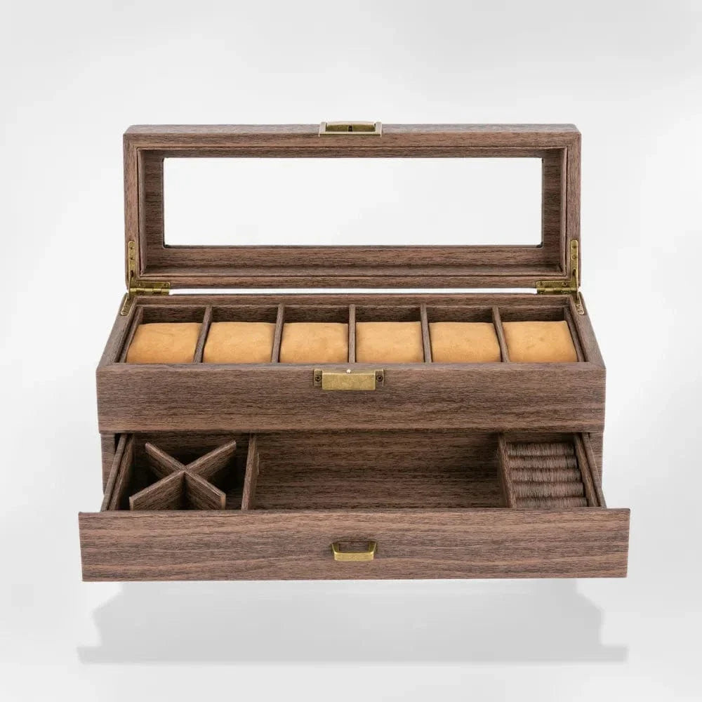Boîte Montre Bois Massif 6 Compartiments Coffret