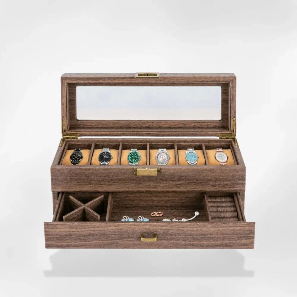 Boîte Montre Bois Massif 6 Compartiments Coffret