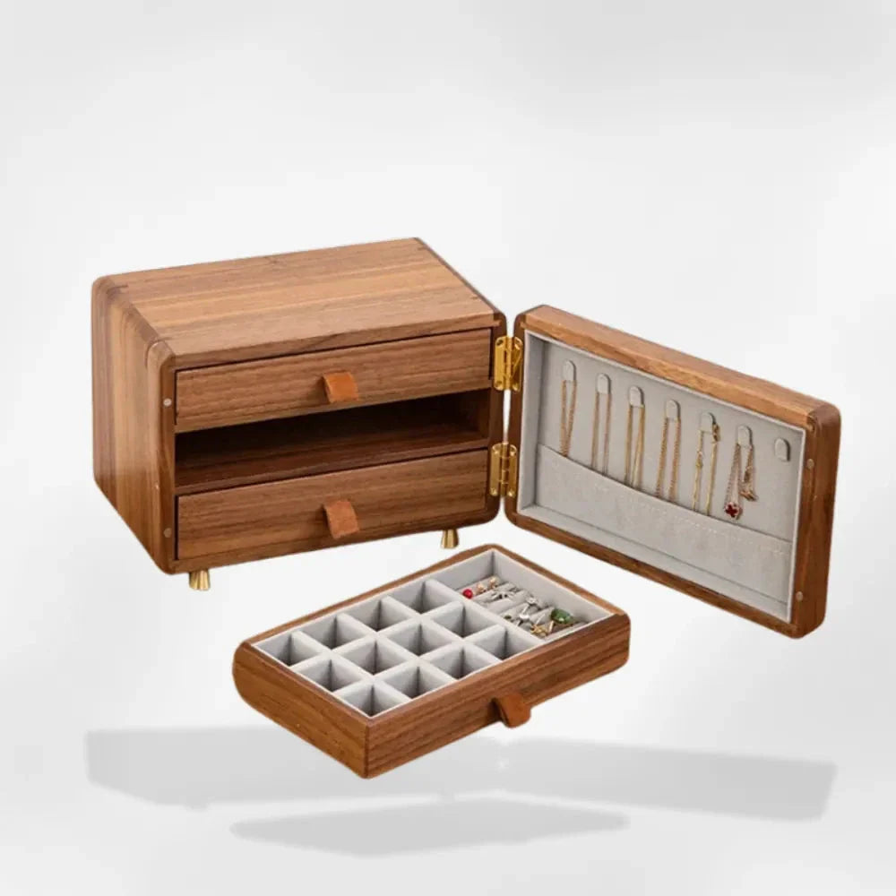 Boîte à Bijoux Bois Tiroirs Dorés Velours