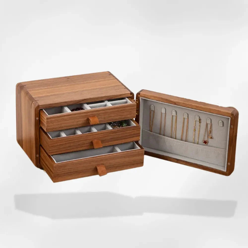 Boîte à Bijoux Bois Tiroirs Dorés Velours