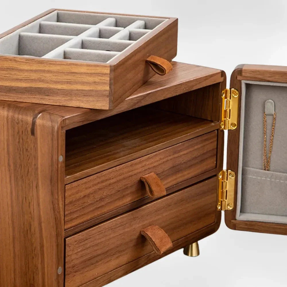 Boîte à Bijoux Bois Tiroirs Dorés Velours
