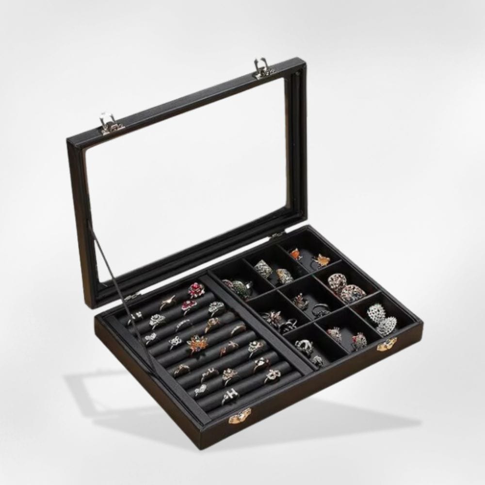 Boîte à Bijoux Bague Grille Verre Noir Vitrine