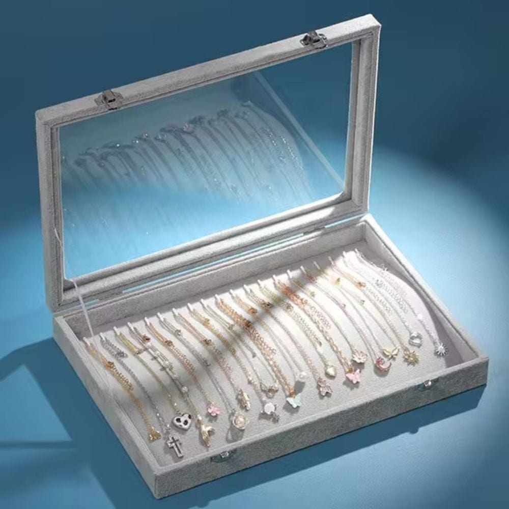 Boîte à Bijoux Collier Velours Verre Gris