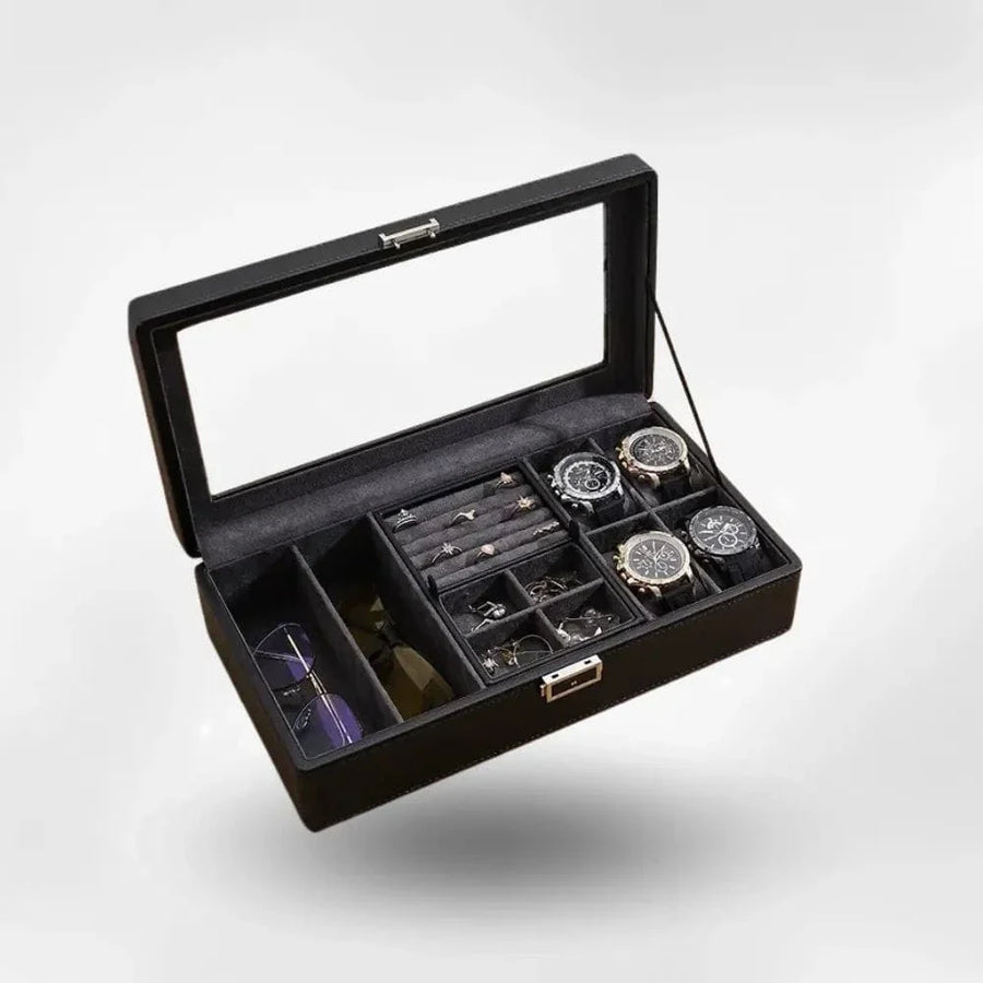 Boîte à Montres Homme Cuir Noir 4 Places et Lunettes
