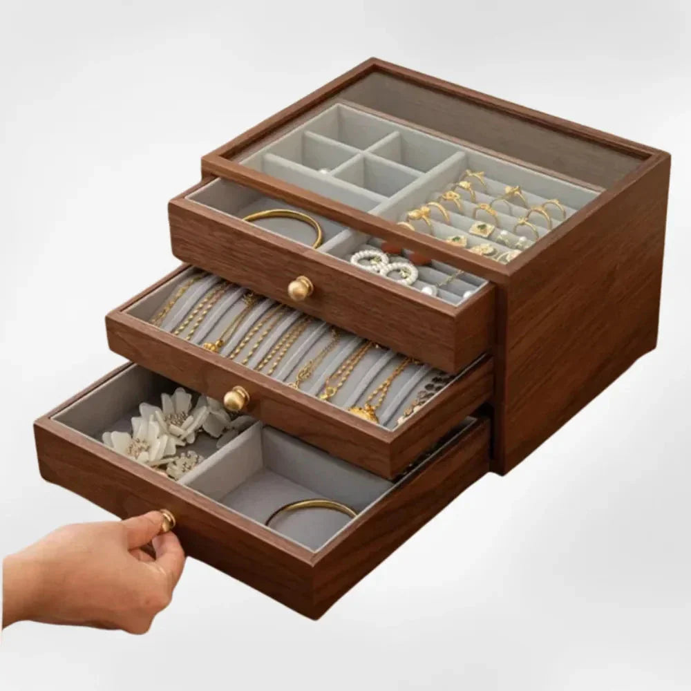 Petit Coffret Bijoux Bois 3 Tiroirs Vitré