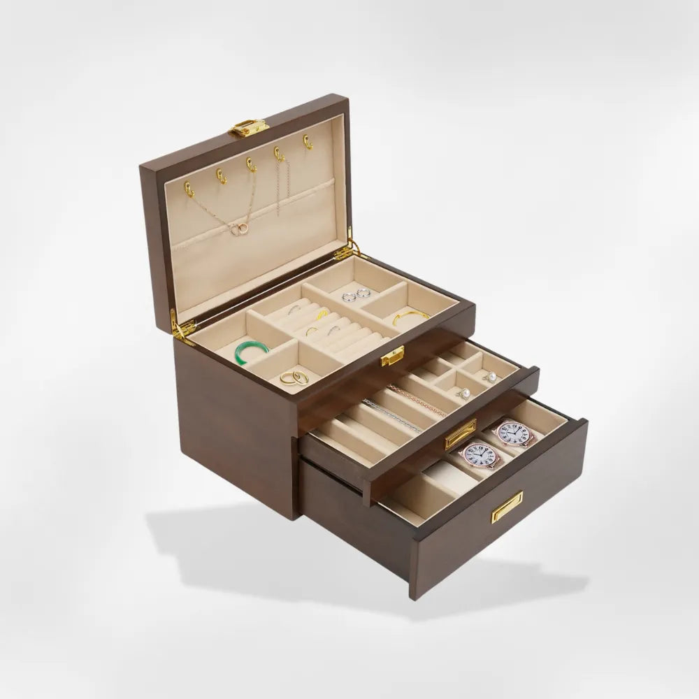 Boîte à Bijoux Bois Massif Montre Tiroirs