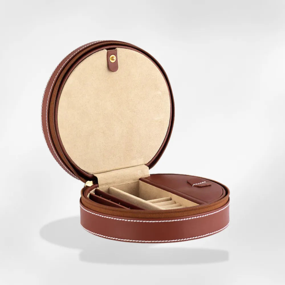 Boîte à Bijoux Cuir Rond Voyage Compact