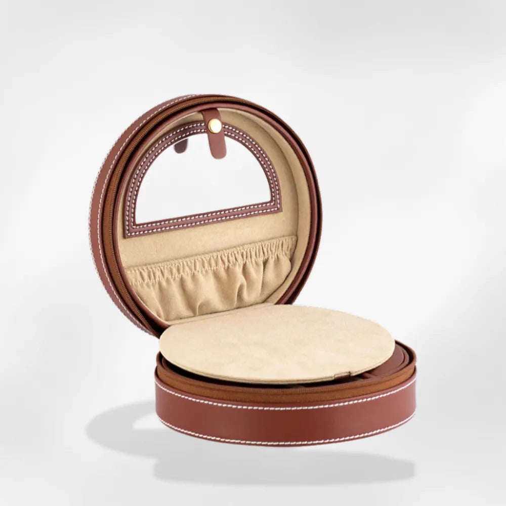 Boîte à Bijoux Cuir Rond Voyage Compact