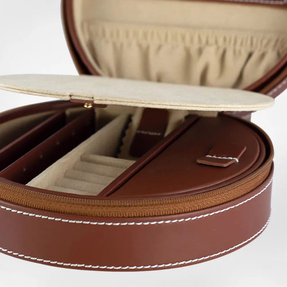 Boîte à Bijoux Cuir Rond Voyage Compact