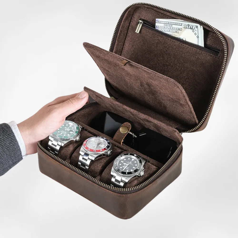 Étui Montre Cuir Marron Voyage Lunettes