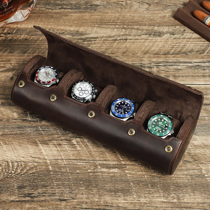 Etui Montre Cuir Veritable Marron 4 Places