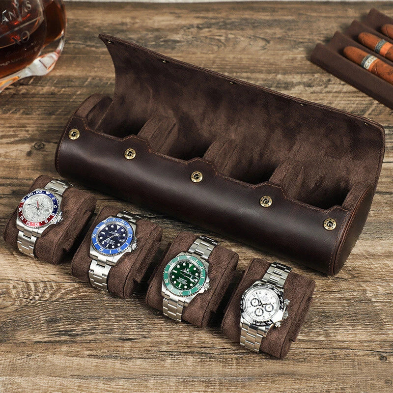 Etui Montre Cuir Veritable Marron 4 Places