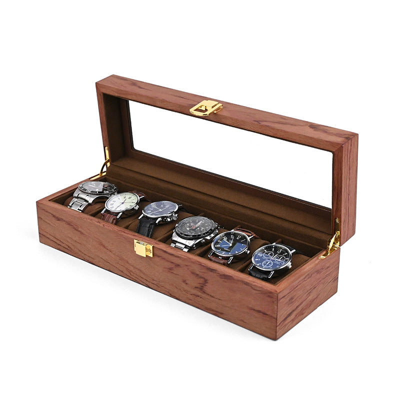 Boîte Montre Bois Teck Premium 6 Places Vitre