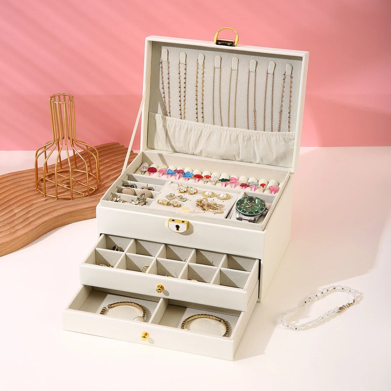 Boîte Bijoux Velours Tiroirs Serrure 2 Étages