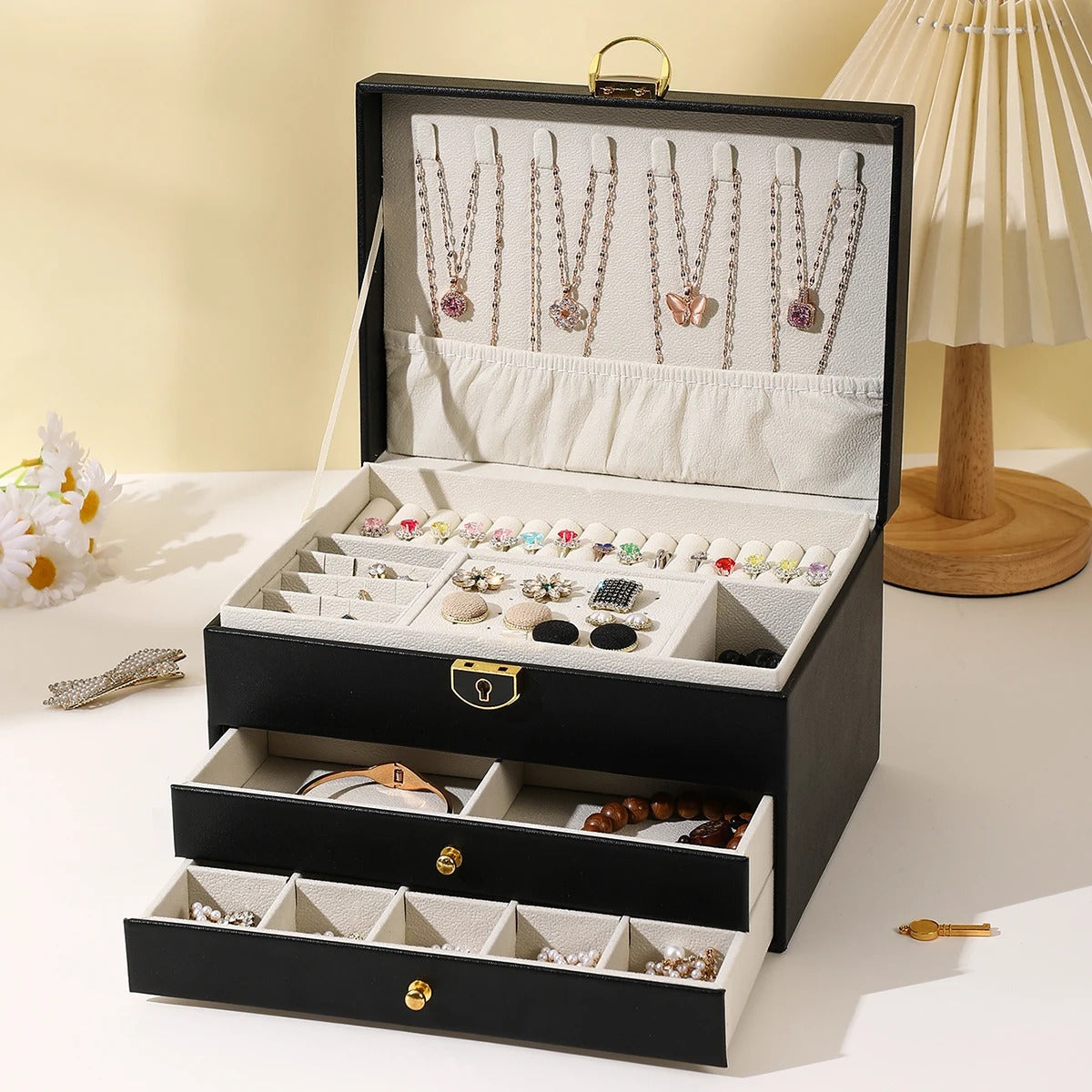 Boîte Bijoux Velours Tiroirs Serrure 2 Étages